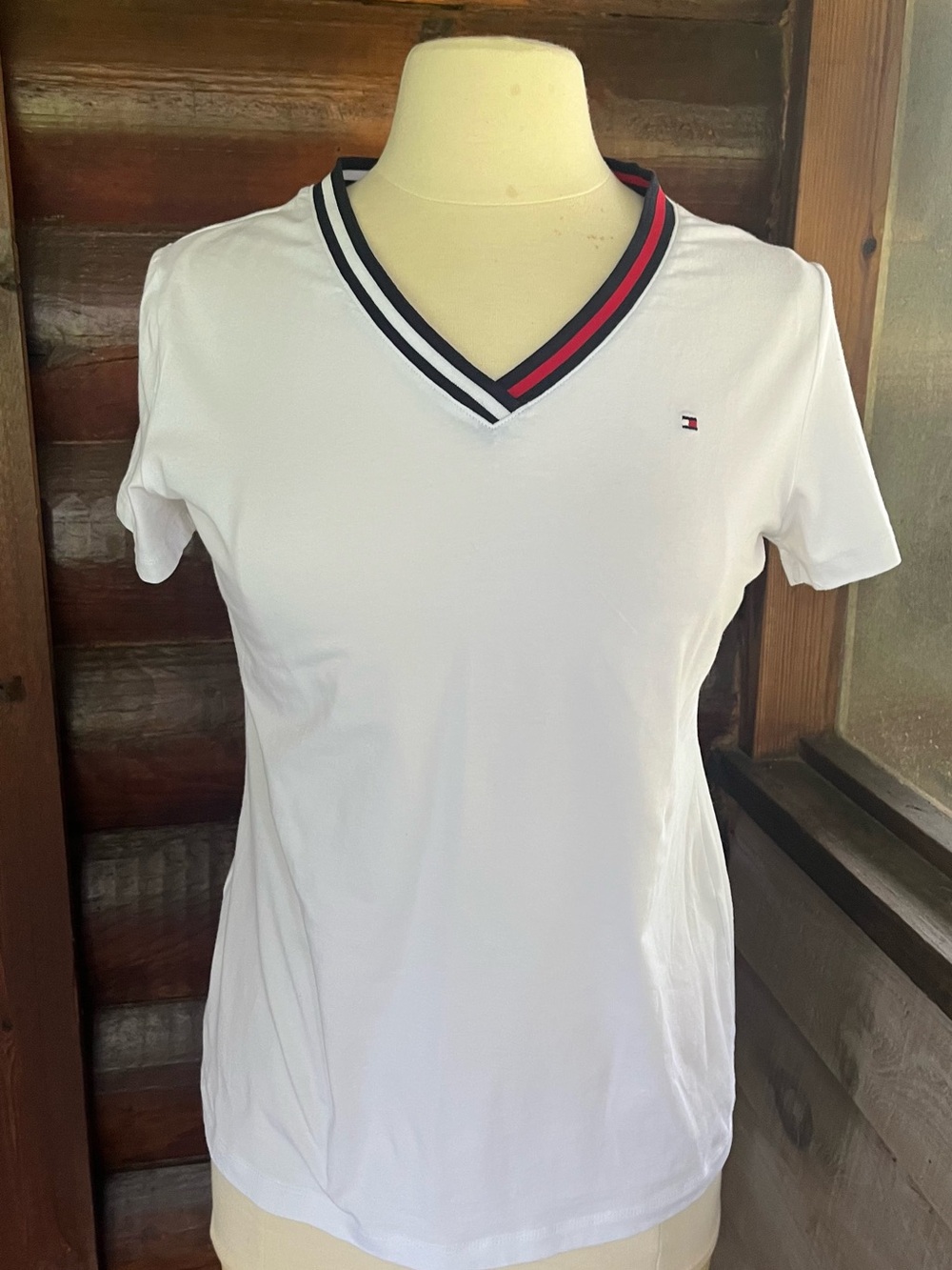 Tommy Hilfiger White V-Neck Tee with Navy and Red Trim